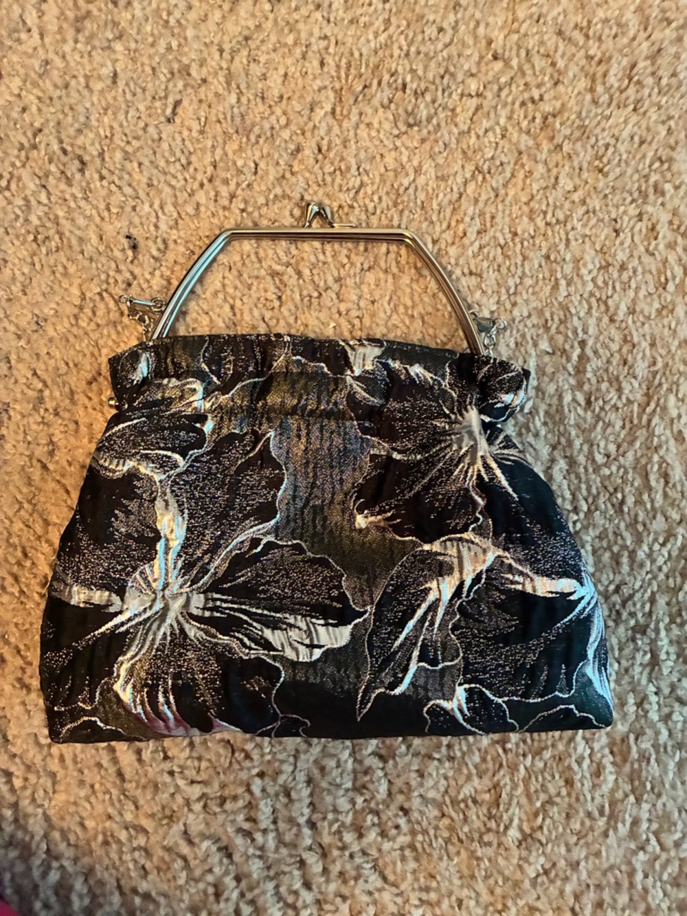Black Floral Metallic Frame-Top Evening Bag